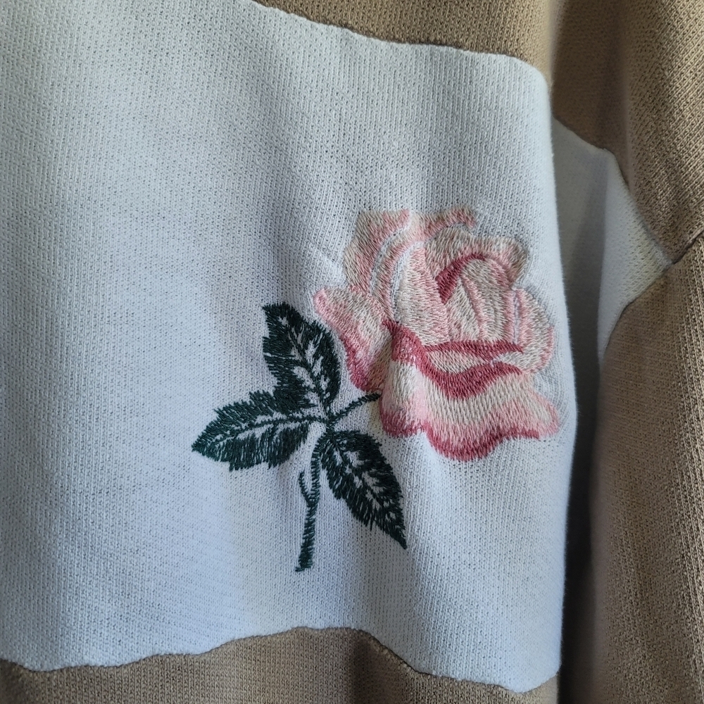 Wildfox, Oversized Colorblock Embroidered Roses Hoodie, Brown/Cream/Pink, Size M — image 5 of 8